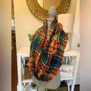 Boutique plaid infinity scarf blue & orange cotton blend Perfect Fall & Winter